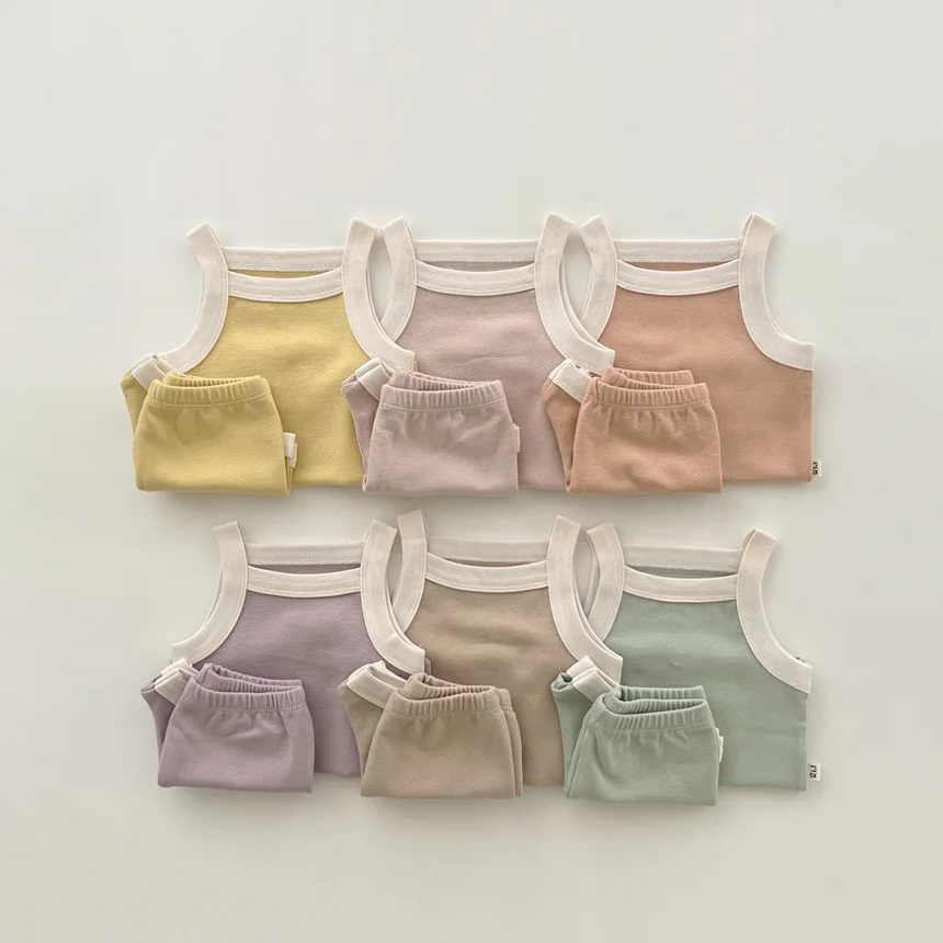 

Children Summer Homewear Set Baby Girl Casual Solid Sling T-shirt And Boy Soft Simple Comfortable Cotton Shorts 2pc Set