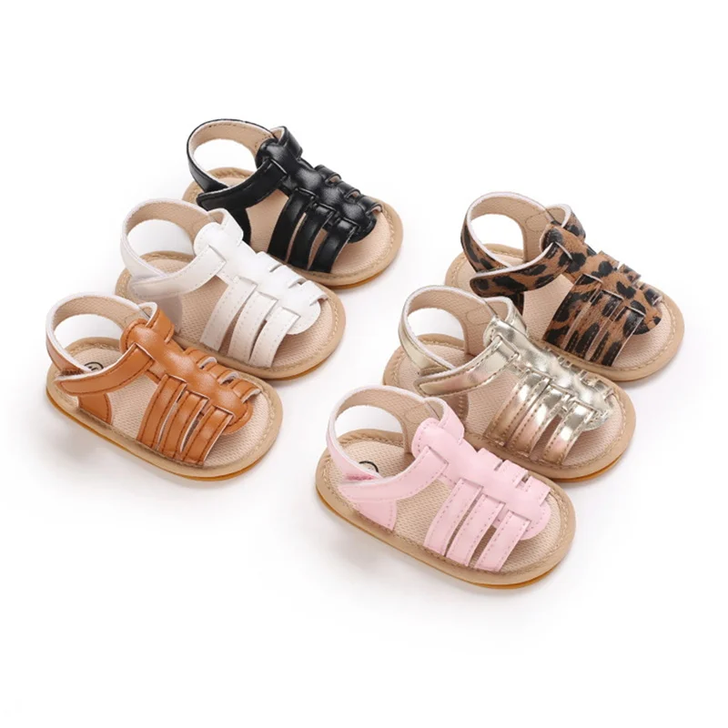 

Infant Baby Summer Sandals, Solid Color/Leopard Print Open Toe Non-Slip Casual Breathable Leather Shoes , 0-18Months