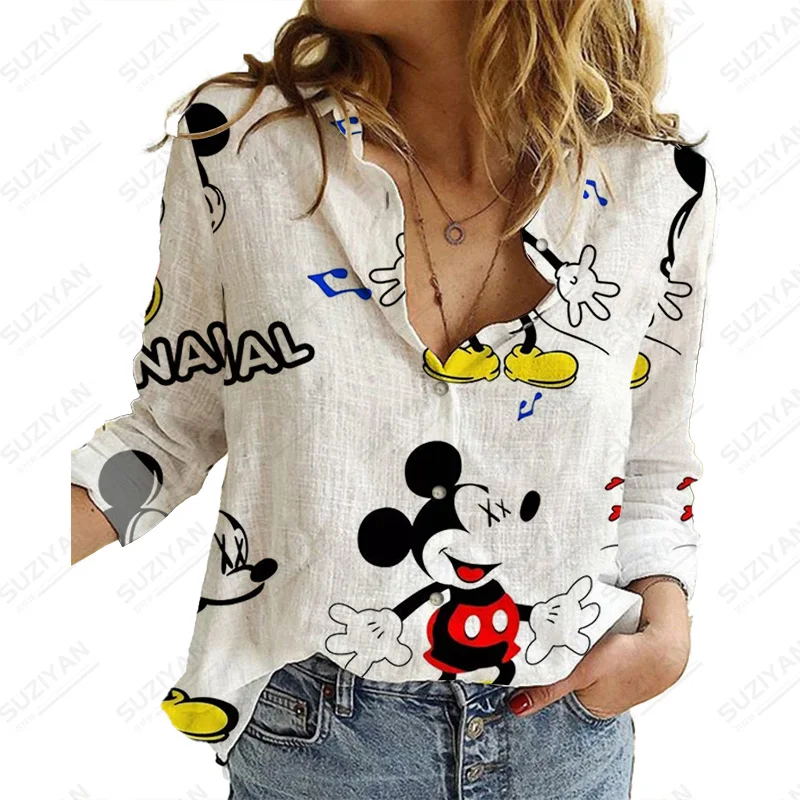 

Turn Down Collar Spring And Autumn New Long Sleeve Camisa Casual Collar Button Fashion Elegant Women'S Shirt Disney Mickey