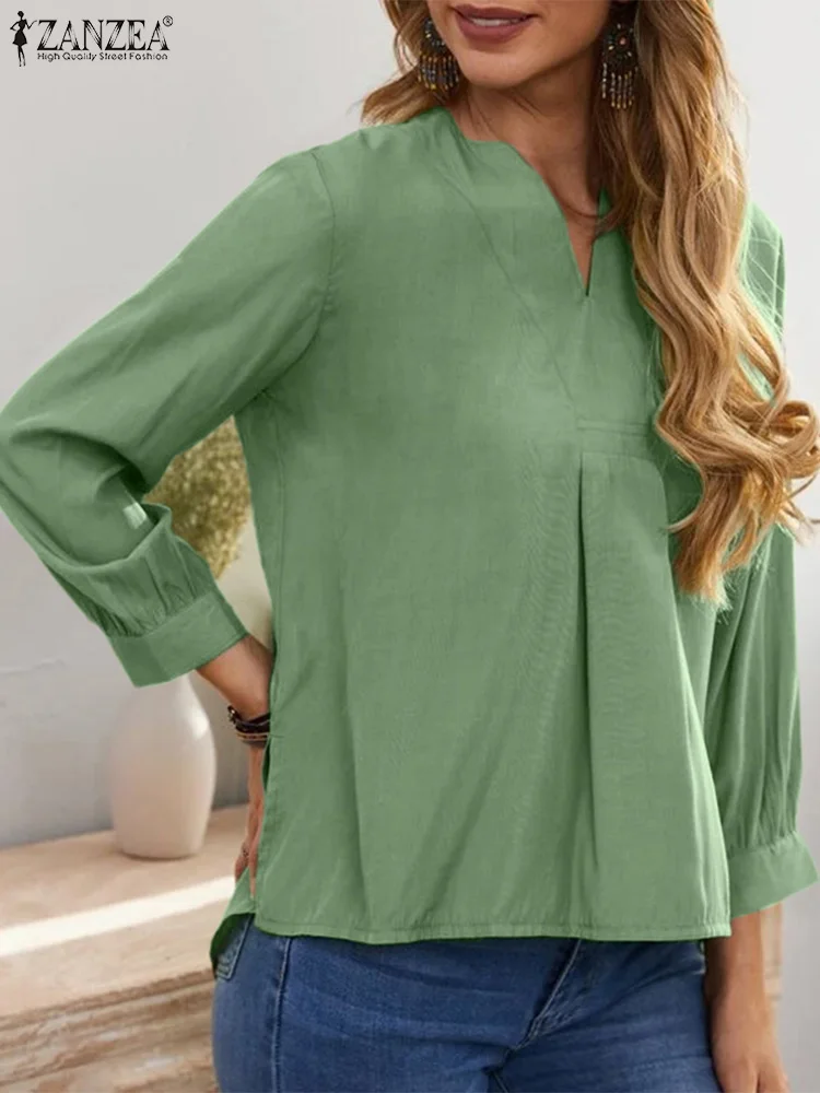

Повседневная Элегантная блузка ZANZEA, весенние женские топы с пышными рукавами, Женская Однотонная рубашка с оборками, стильная Праздничная Повседневная Свободная сорочка 2023