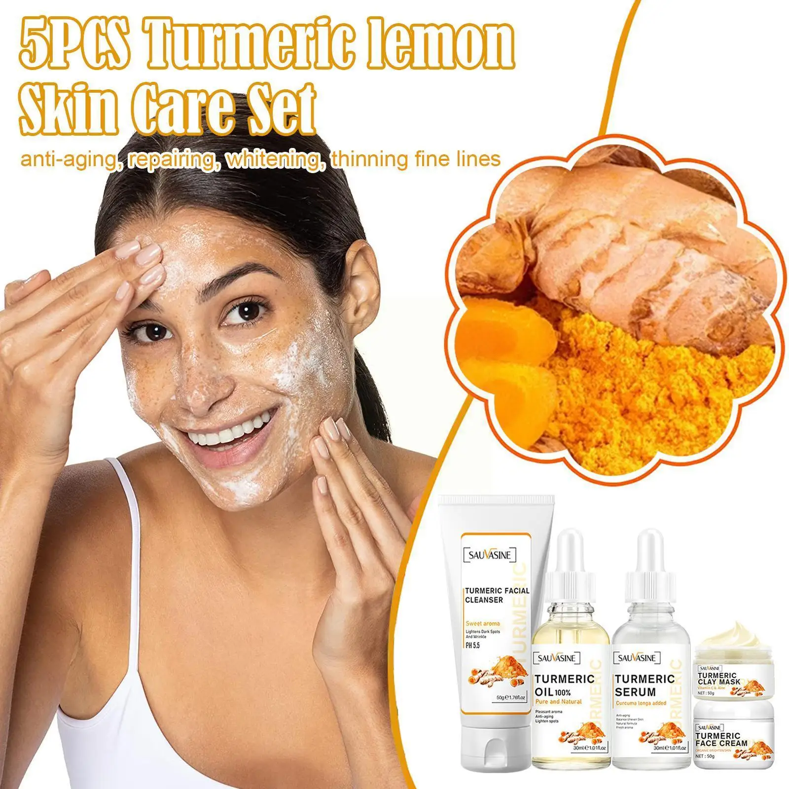 

5PCS Turmeric Lemon Skin Care Set Acne Dark Spot Remover Oil Cleanser Serum Face Cream Cosmetics Kit Whitening Brighten Fac E7R0