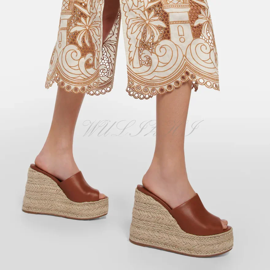 Brown Soft Leather Peep Toe Wedge Sandals Women Espadarille High Platform Black Heels Slingback Casual Outdoor Slippers New Shoe