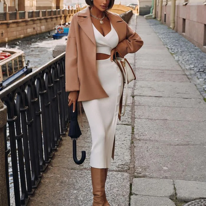 

Women Knitted Two Piece Set New Autumn Deep V Neck Crop Tops + Buttoned Split Midi Skirts Suits Female Winter Slim Solid Outfits