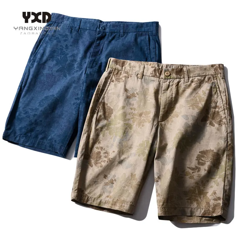 2023 New Summer 100% Cotton Solid Shorts Men High Quality Casual Vintage Print Straight Shorts for Men Shorts Beach Shorts Khaki