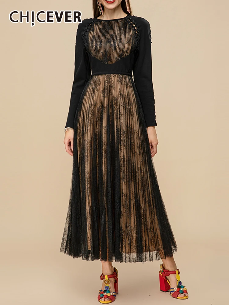 

CHICEVER лоскутное плиссированное платье для женщин, круглый вырез, длинный рукав, высокая талия, хит, цвет, для похудения, ТРАПЕЦИЕВИДНОЕ Сетчатое платье для женщин, Новинка