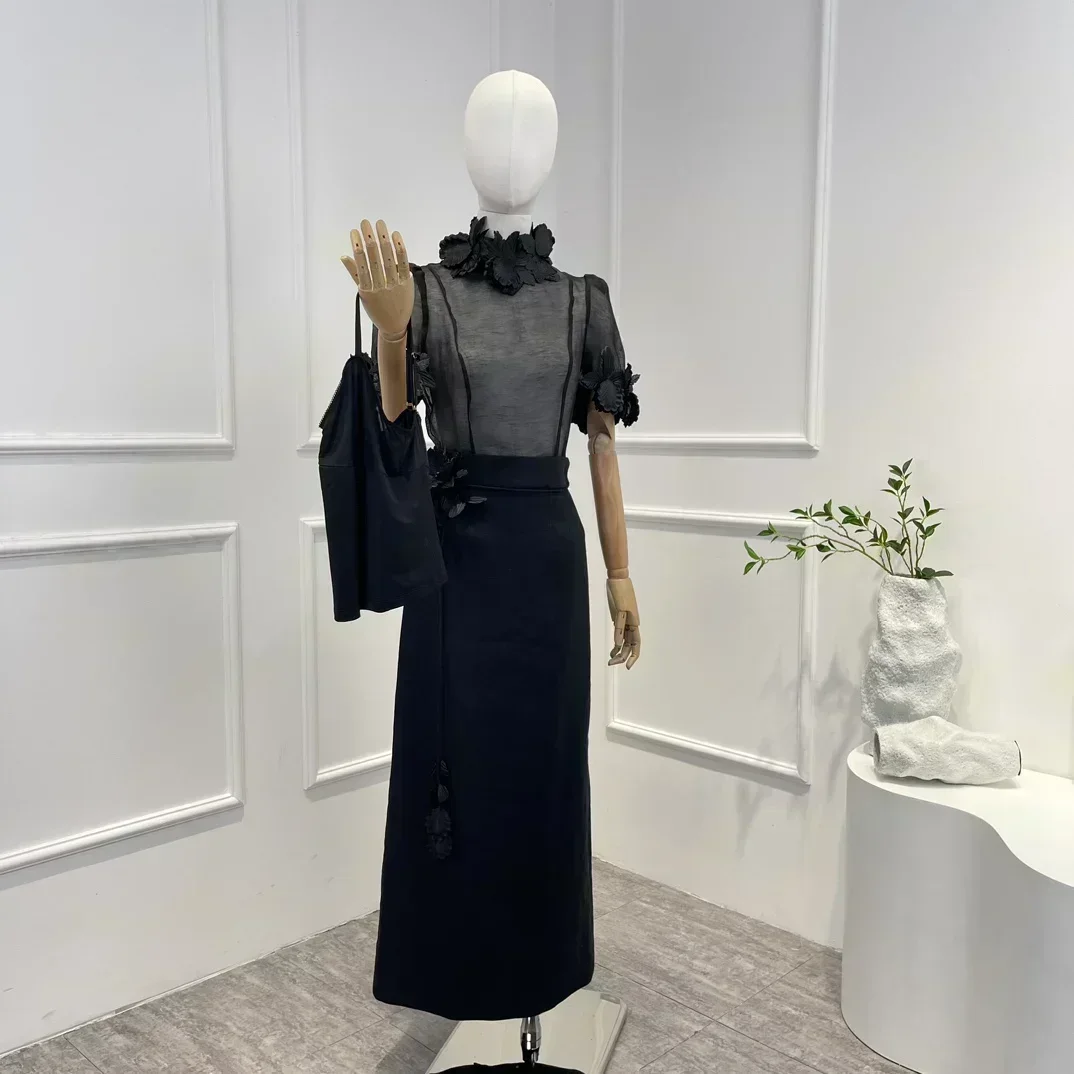 

Женский винтажный комплект с цветочной аппликацией, топ с воротником-стойкой и коротким рукавом и юбка, 2023
