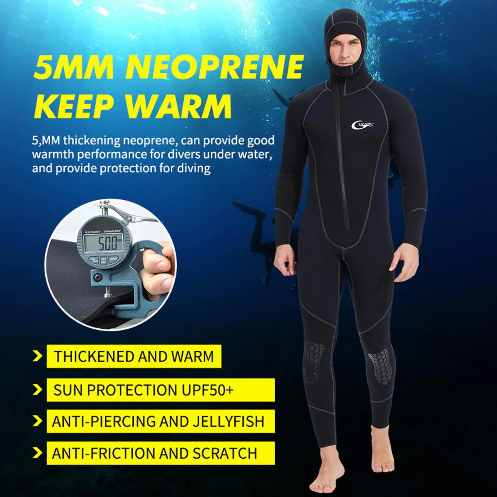 Mens Wetsuits Jumpsuit Full Body Neoprene 5mm Hooded Wet Suit for Water Sports Kayaking