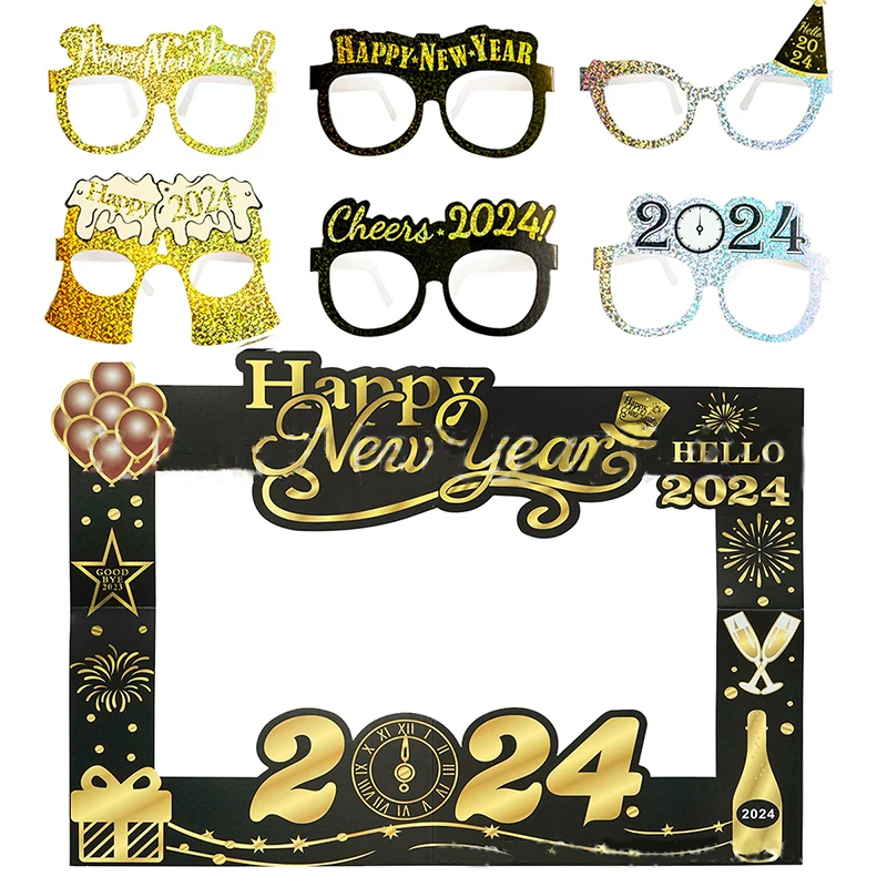 

Black Gold Glasses Cheer 2024 New Year's Day Party Paperboard Photo Props Cheer 2024 Happy New Year Party Decoration