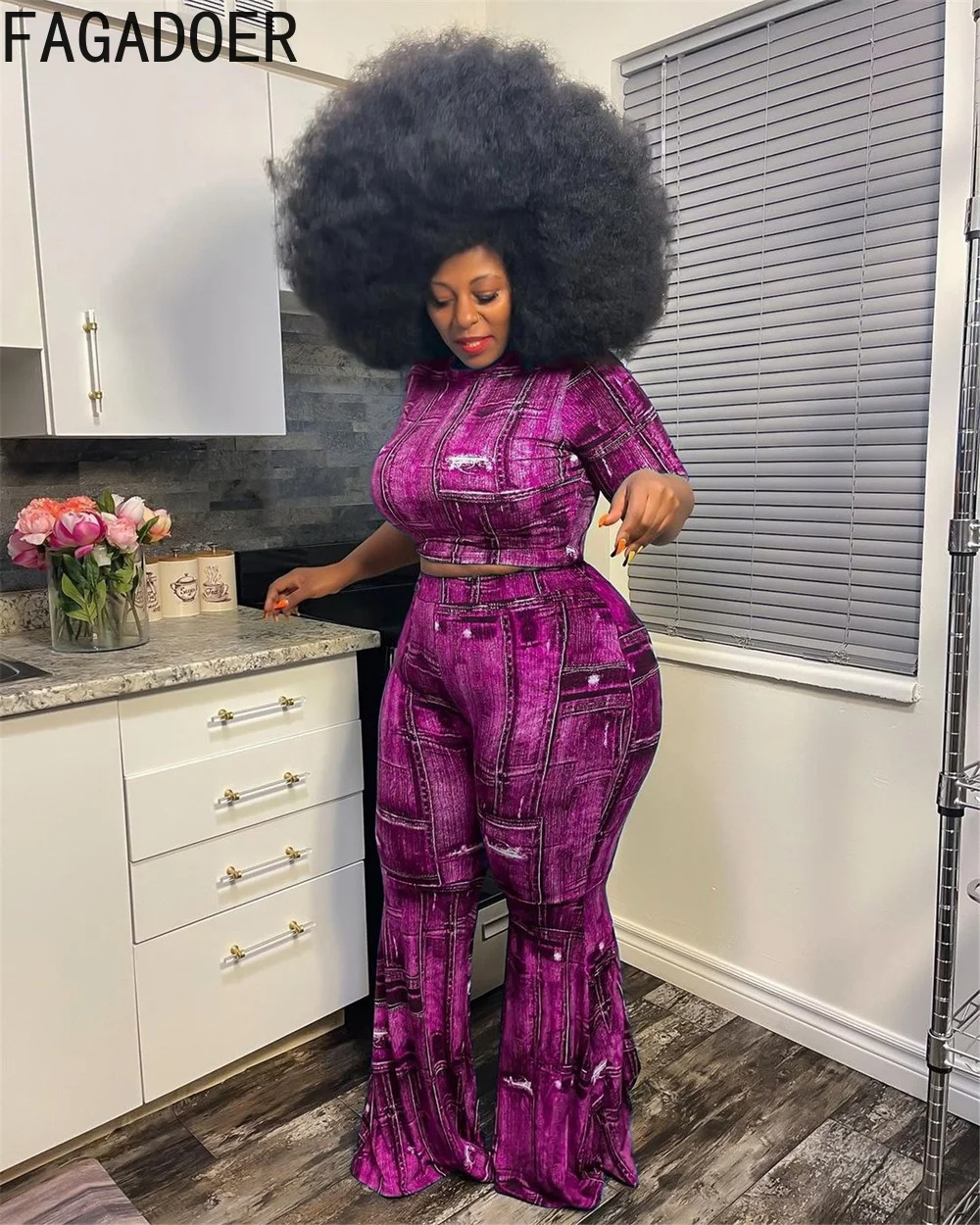FAGADOER Cowboy Print Plus Size Flares Pants Two Piece Sets Women Short Sleeve Crop Top + Pants Tracksuits Female Streetwear 4XL