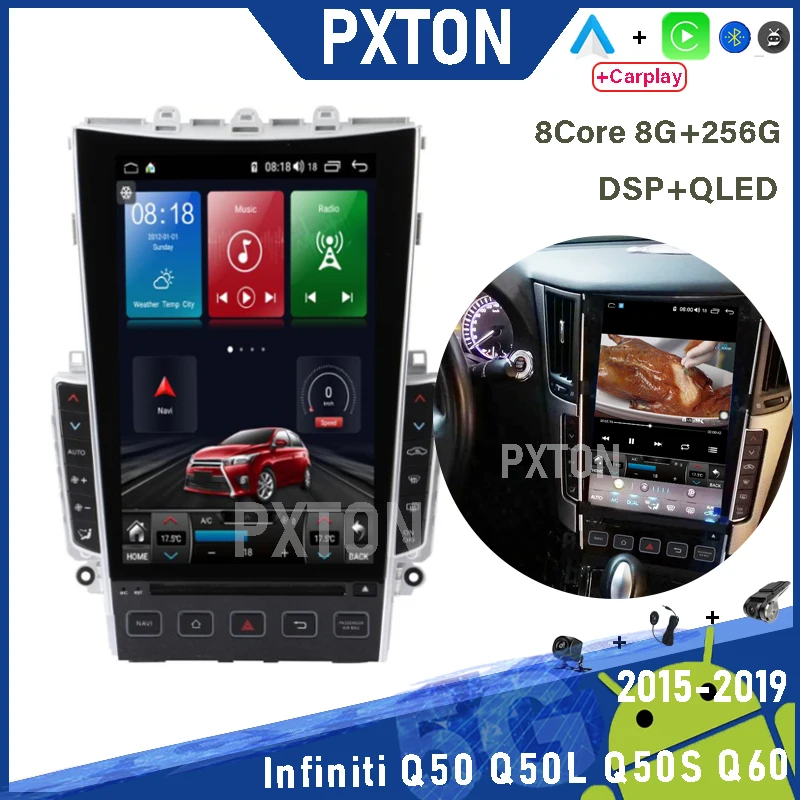 

Pxton Android Car Radio Stereo Tesla Screen Multimedia Player For Infiniti Q50 Q50L Q50S Q60 2015 - 2019 Carplay Auto 8G+128G 4G