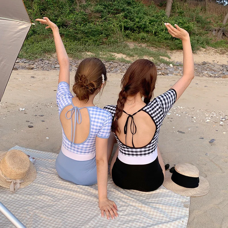 One Piece Swimwear Women High Waist Swimwear Plaid Swimsuit Backless Bathing Suit Sexy Monokini Summer Beachwear 2020 For Asian