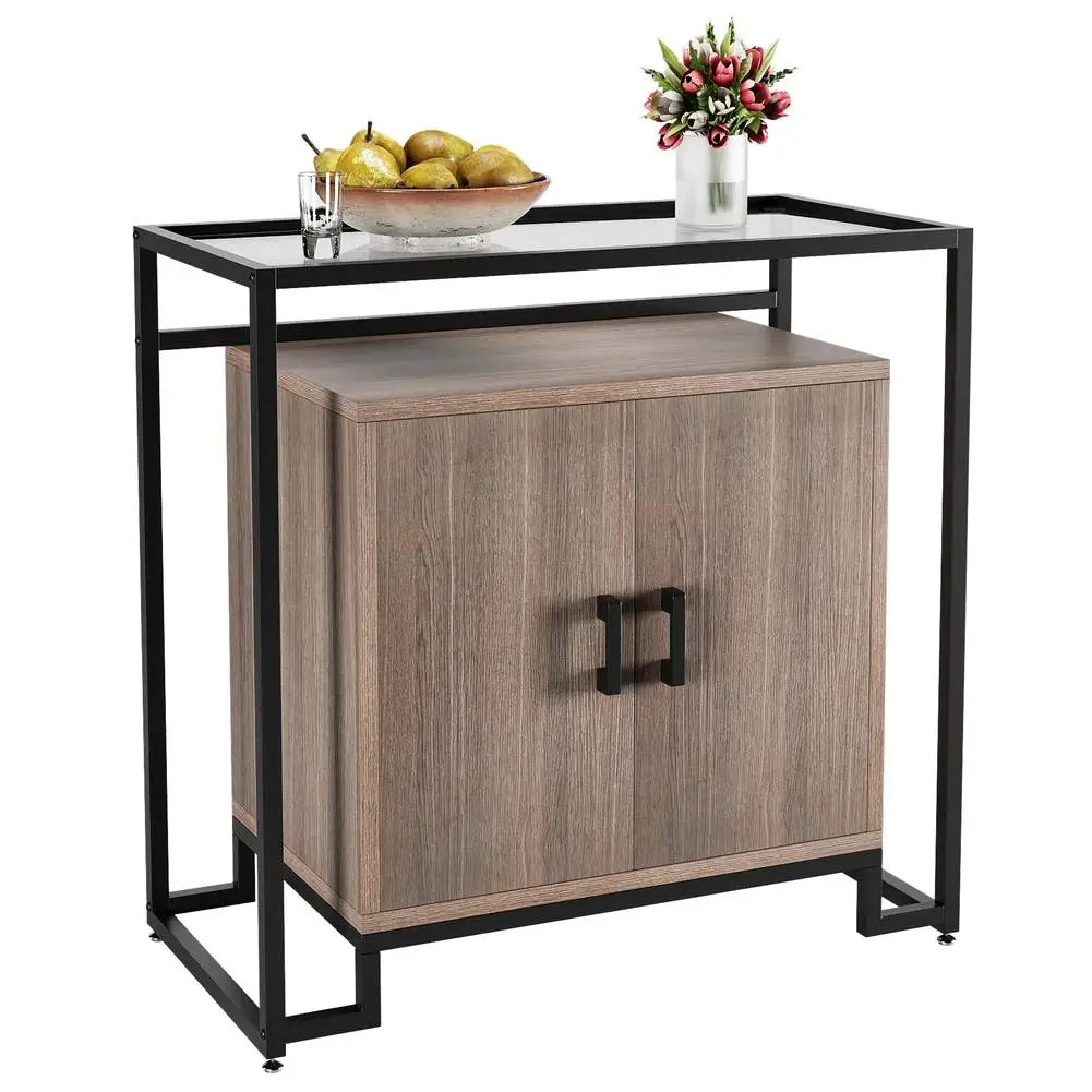 

Sideboard Buffet Cabinet Kitchen Storage Cabinet Steel Frame Tempered Glass Top for Kitchen Bedroom Living Room