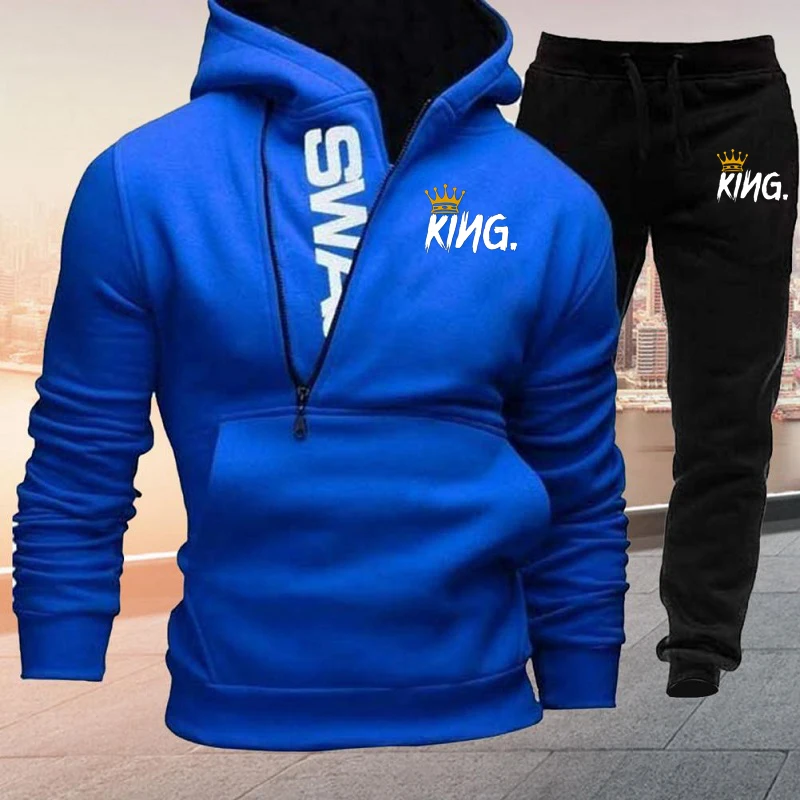 Men Tracksuit KING Printed Hooded Sweatshirt and Sweatpants 2 Pcs Set Autumn Winter Fleece 2022 New Male Jogger Suit