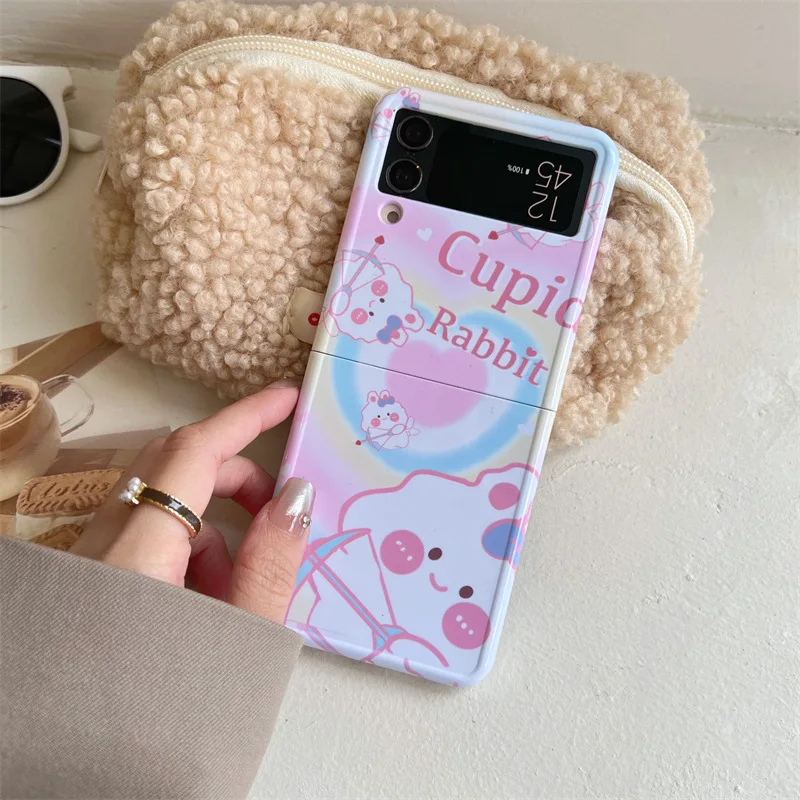 Cartoon Cute Cupid Rabbit Mobile Phone Case for Samsung Galaxy Z Flip 4 3 Hard Cover for ZFlip3 Zflip4 Solid Shell Bracket