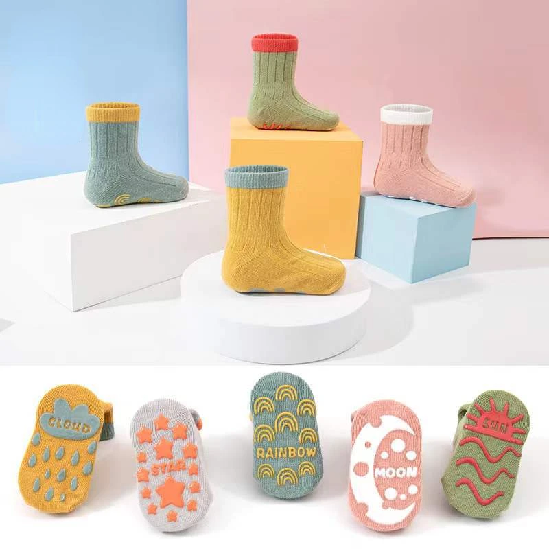 

Носки детские однотонные полосатые, Резиновые Нескользящие, хлопковые для новорожденных мальчиков и девочек, напольные