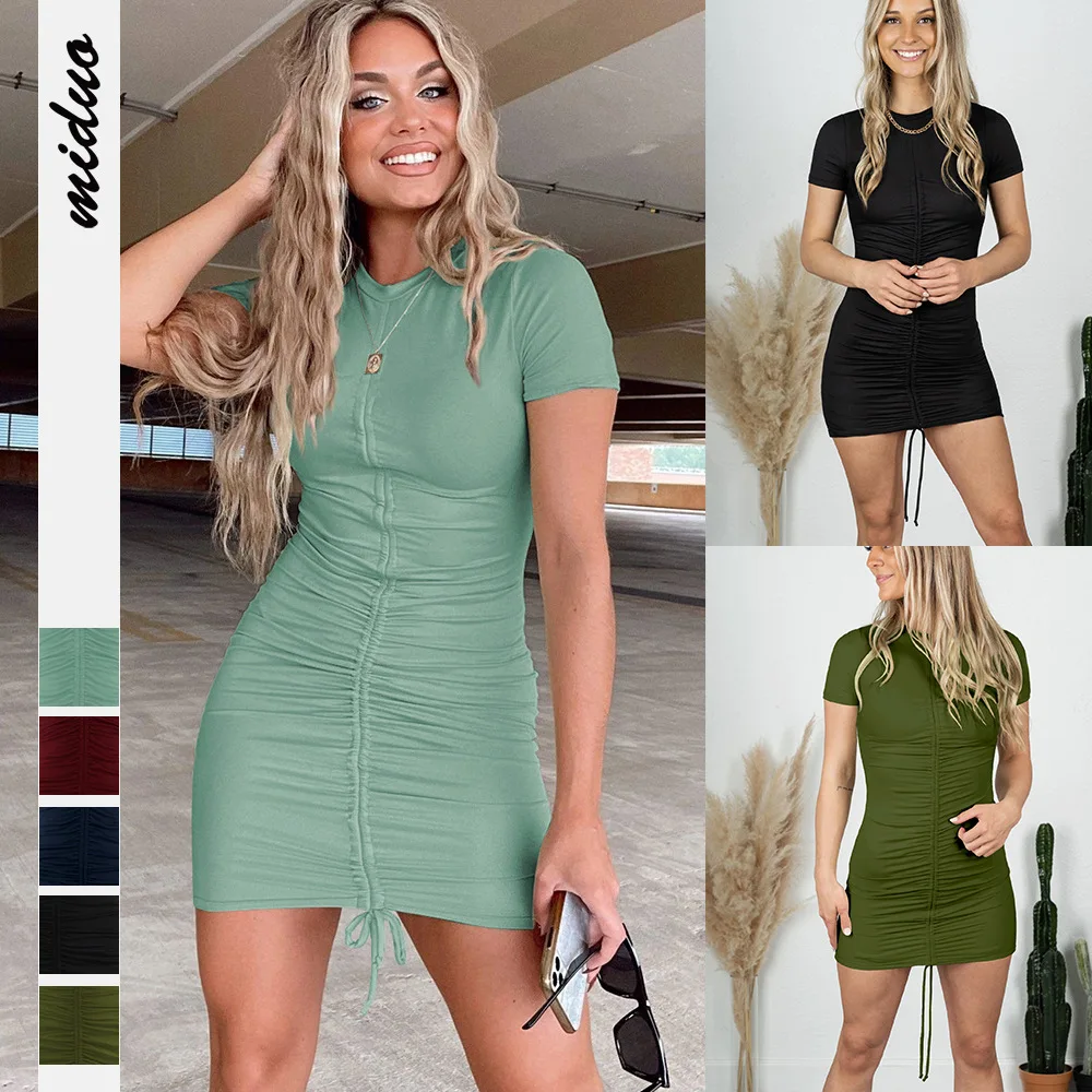 

Summer Dresses Woman 2022 Hot Sale New Solid Color Short-sleeved Elegant Drawstring Tight T-shirt Dress Sexy Hip Skirt Vestido