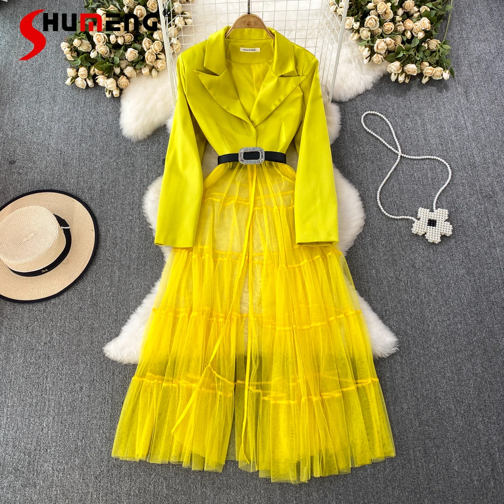 

French Style Suit Stitching Mesh Dress for Women 2023 Summer New Business Woman's Clothing Belt Waist Long Sleeve Blazer Dress