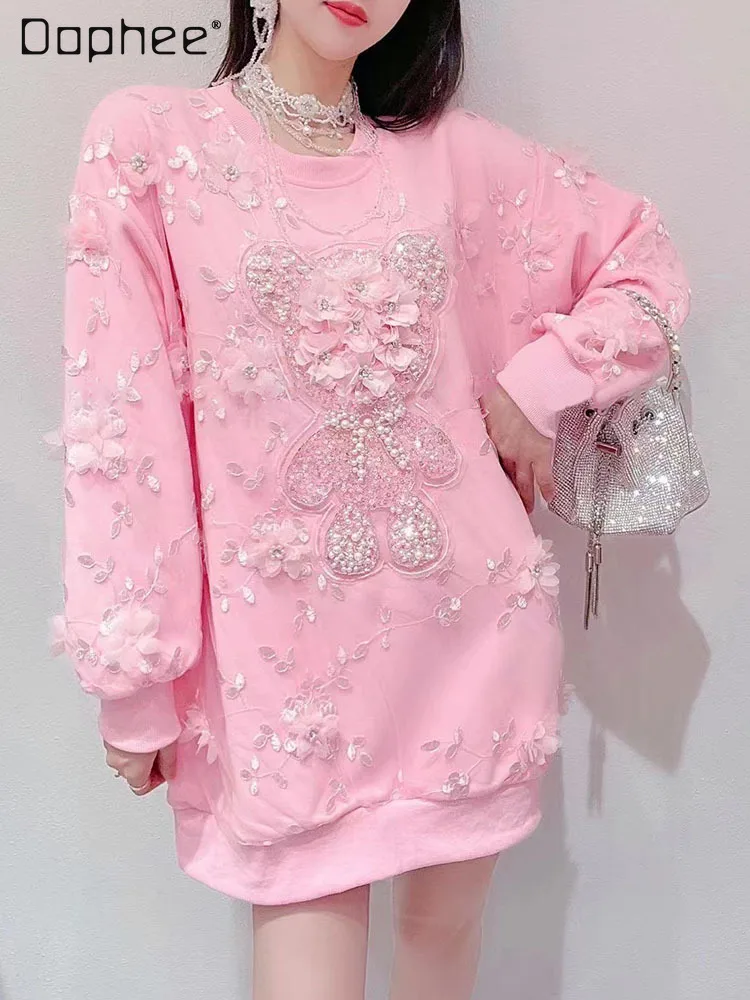 

Cute Pink Beaded Rhinestones Mid-Length Sweater Women's Autumn New Korean Style Sweet Loose Bead Flower Slimming Sweatshirts