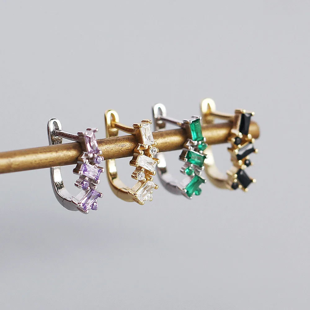 

Chic French Purple Green White Black Zircon Square U Shaped Small Hoop Earring for Women European Jewelry Girl Wholesale Aretes