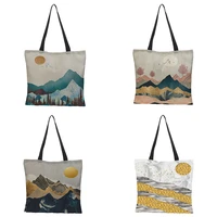 vintage landscape print tote bags designer linen reusable shopping bag customize oil painting large capacity eco shoulder bags