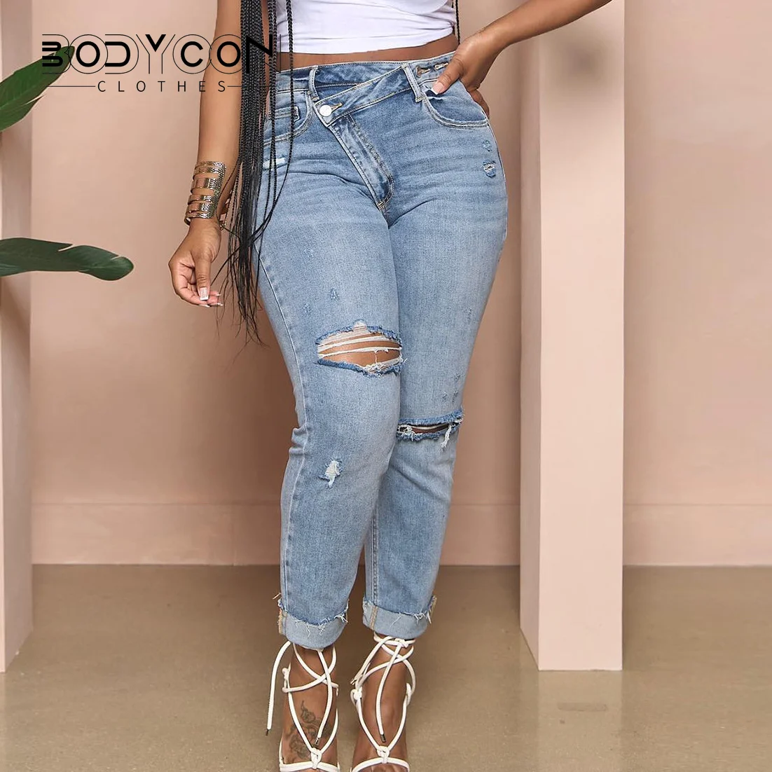 

Женские облегающие джинсовые брюки на пуговицах, модные классические эластичные рваные джинсы в уличном стиле с косым узором, лето 2023