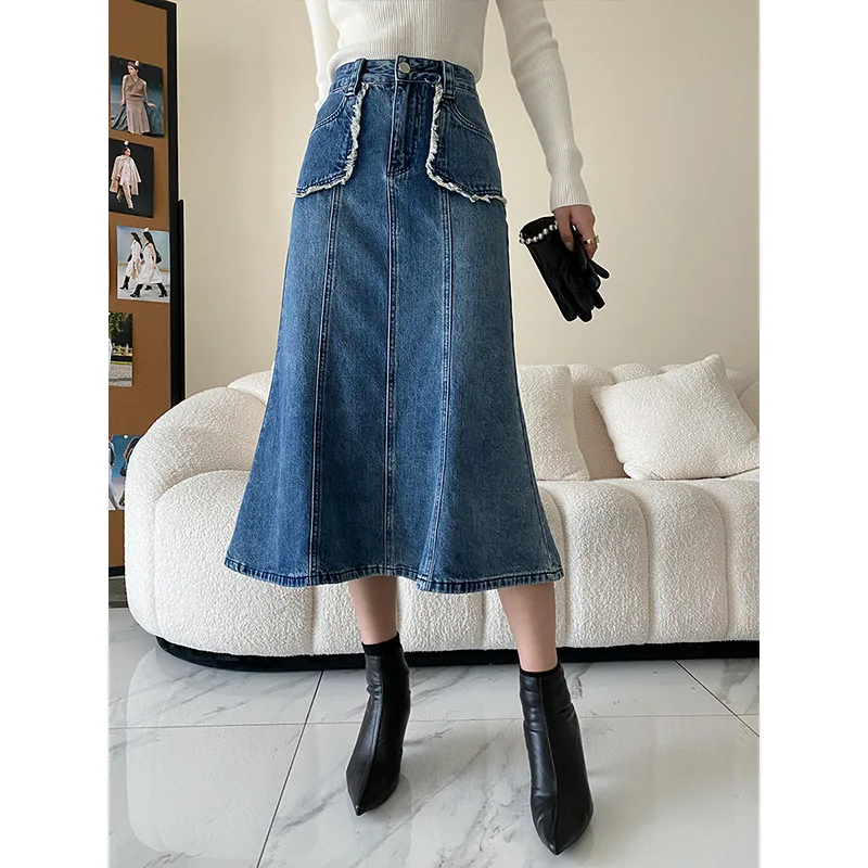 

French brushed fishtail denim skirt design sense 2022 autumn new style