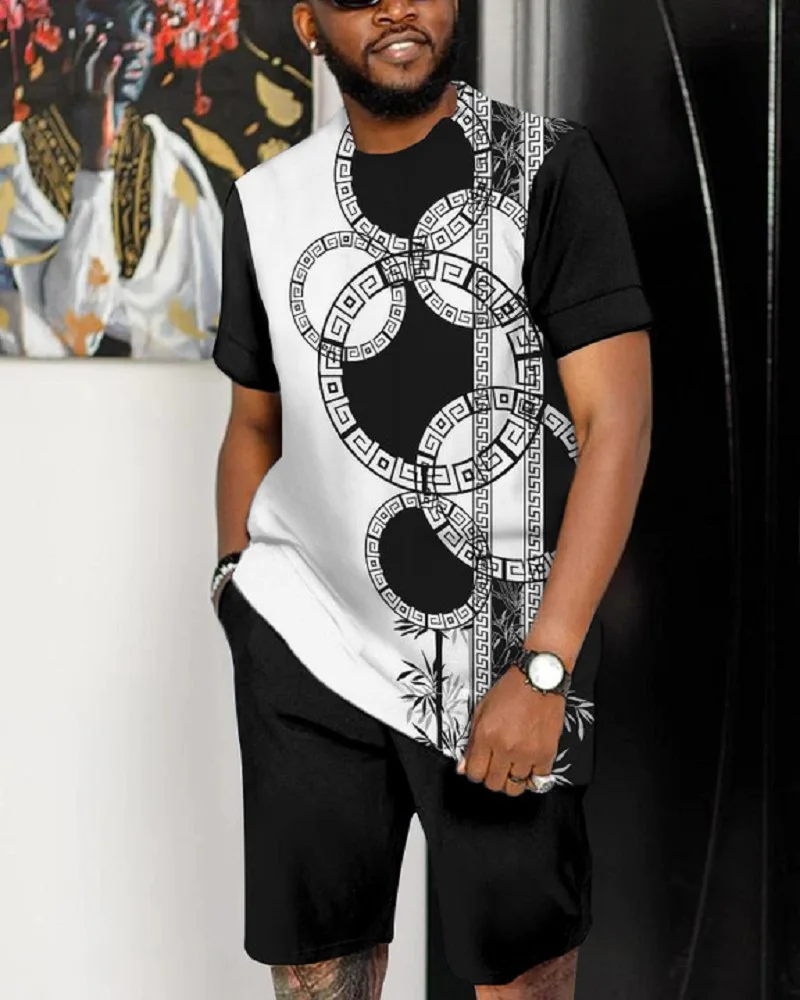 Summer Men T-shirts Set Geometric Pattern Beach Tracksuit Short Sleeved Pants 2 Piece Outdoor Streetwear Casual Man Clothing 6XL