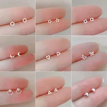 Tiny Minimalist 925 Sterling Silver Korean Mini Small Heart Stars Stud Earrings for Women Student Teen Ear Piercing Jewelry