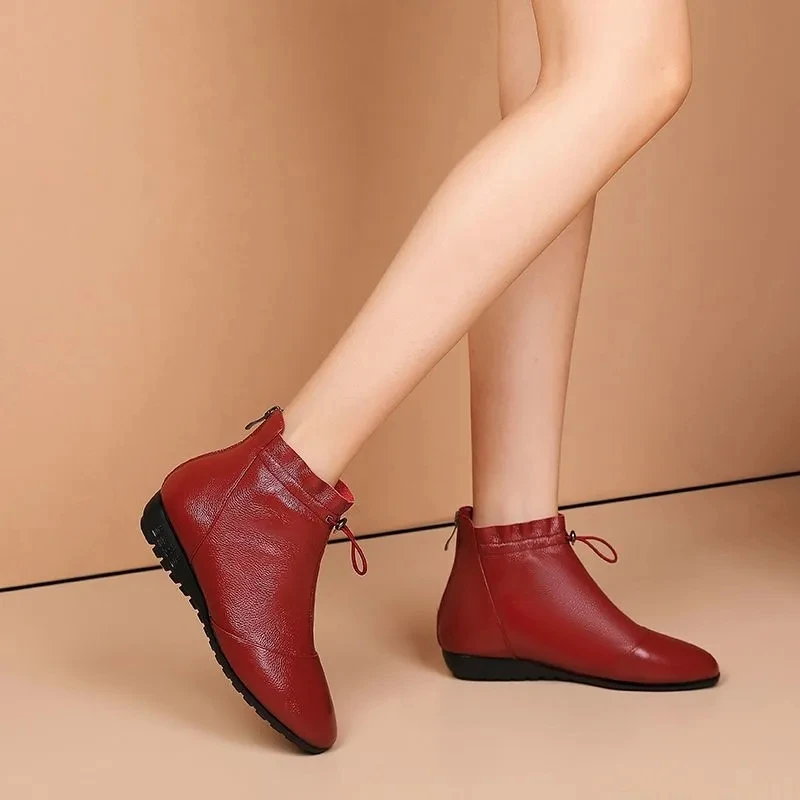 Feerldi Mom flat wedge winter boots comfortable drawstring ankle leather shoes for women 2022 warm wedges sneakers