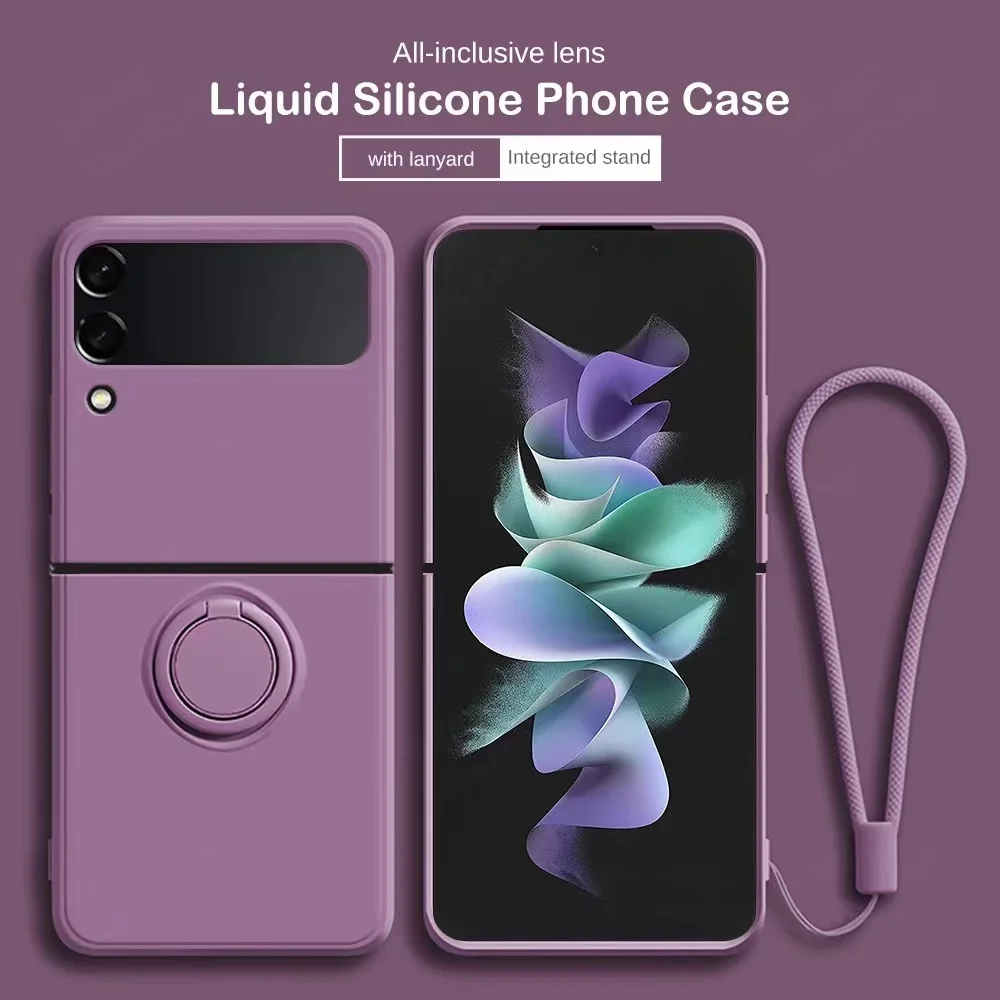 

For Samsung ZFlip3 Flip4 5G Candy Colors Liquid Silicone Ring Stand Holder Case for Galaxy Z Flip 3 Z flip4 with Tonal Wristband