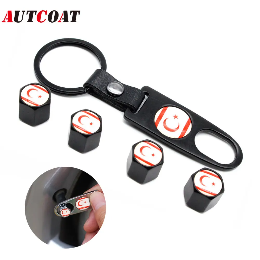 

AUTCOAT 1Set Anti-theft Car Tire wheel Valve Stems Turkey Flag Style Air Caps With Leather buckle Wrench Zinc Alloy
