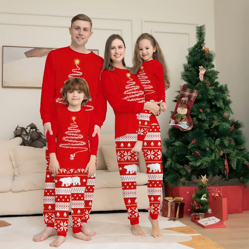 

Winter Mother Father Kids Christmas Matching Pajamas Set Red Pattern Casual Loose 2 Pieces Suit Baby Rompers Xmas Family Look
