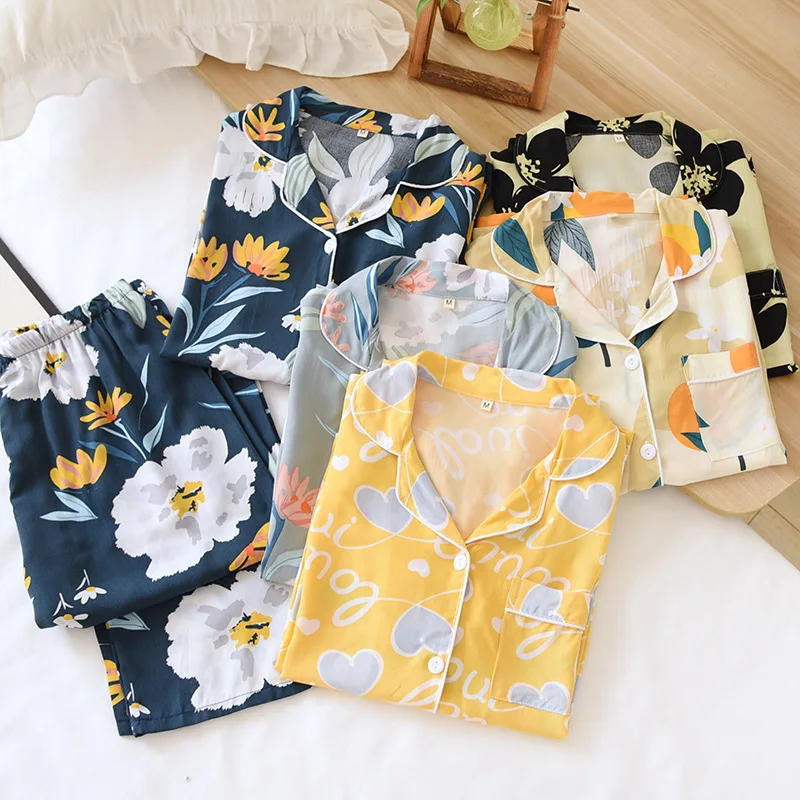 

Soft Cotton Silk Long-sleeved Trousers Pajamas for Women Summer Loungewear Rayon Multicolor Printing Living Pyjama Satin Set