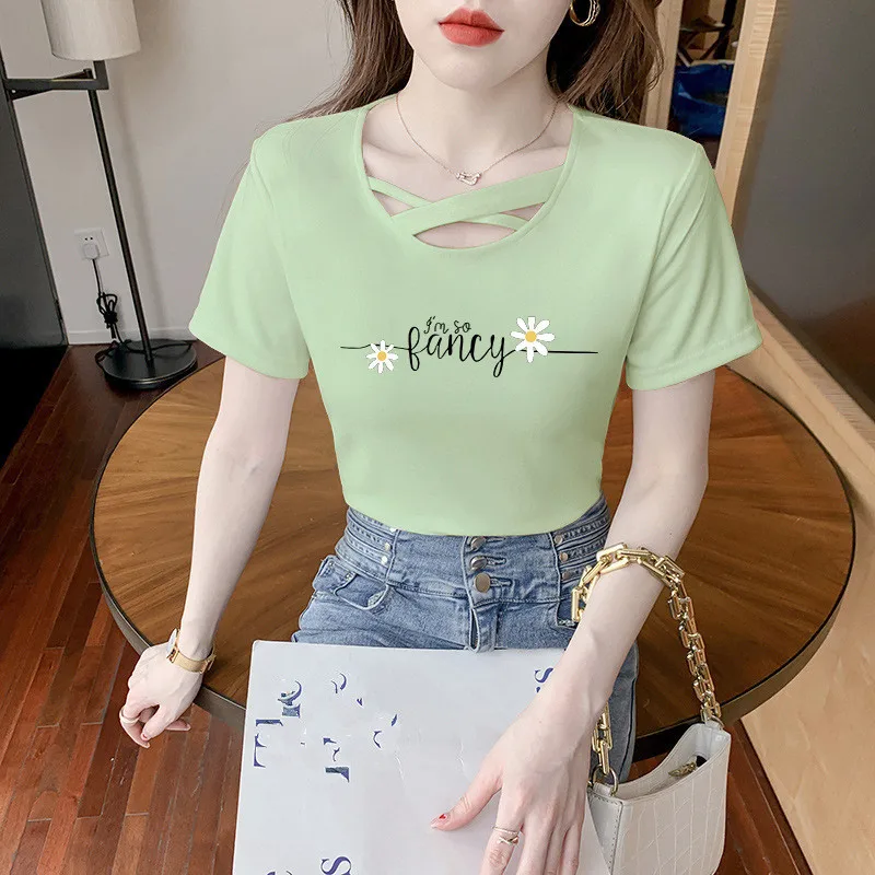 

Preppy Style Women Casual T-Shirts Floral Print Short Sleeve Ladies Basic Tops Tee Korean Version Cross Round-Neck Summer T-Shir