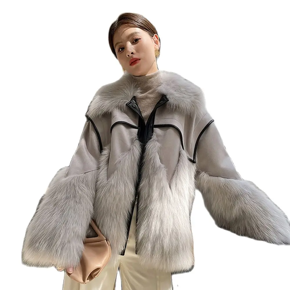 New Women Real Fur Coat Autumn Winter Fashion Casual Double-faced Fox Fur Suede Patchwork Fur Jacket Loose Outerwear Female