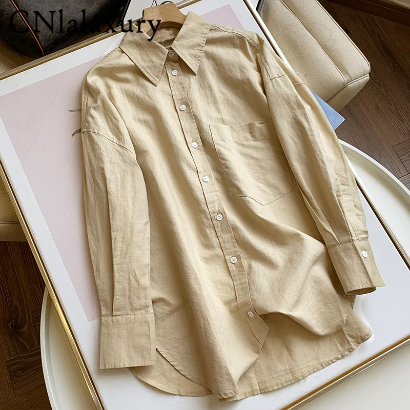 

CNlalaxury Casual Long Sleeve Solid Shirts Women Sexy Linen Tops 2023 Office Lady Tops Tunic Female Blusas Femininas Blouses