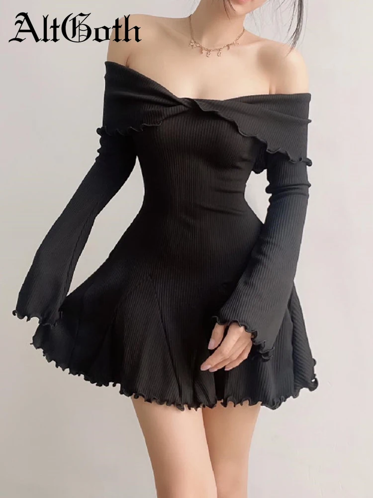 

AltGoth Soft Goth Elegant Dress Women Aesthetic Fairy Edible Tree Fungus Off The Shoulder Long Sleeve High Waist A-line Dress