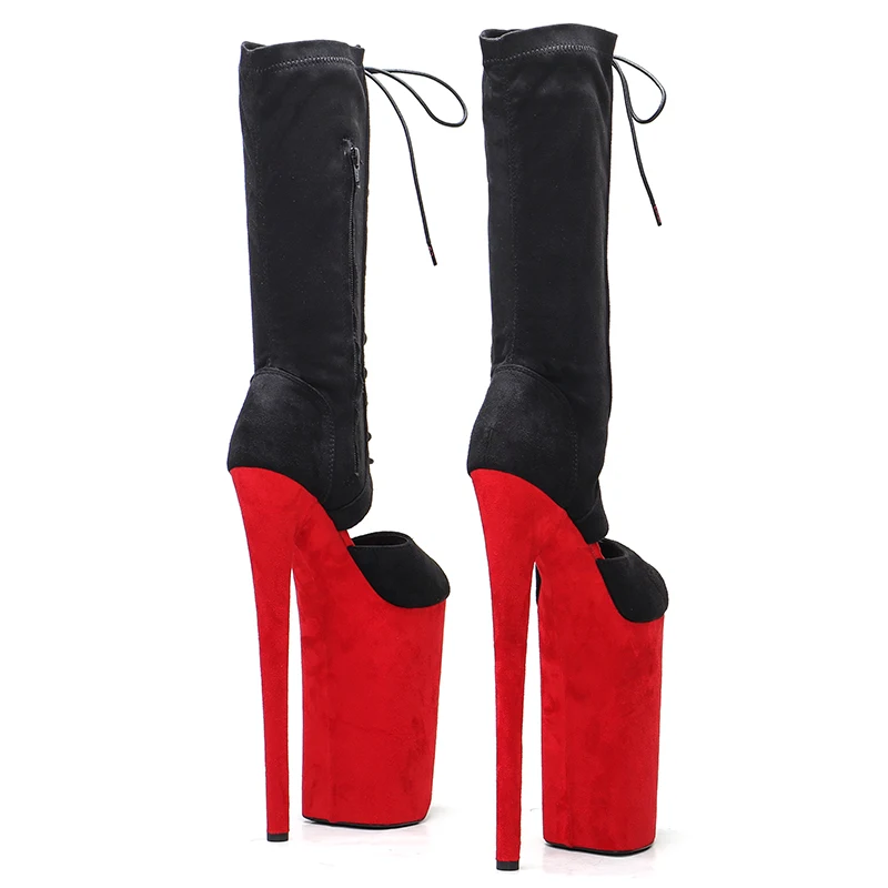 Leecabe  26CM/10inches black with red suede upper  sexy exotic High Heel platform party open toe  shoes Pole Dance boot