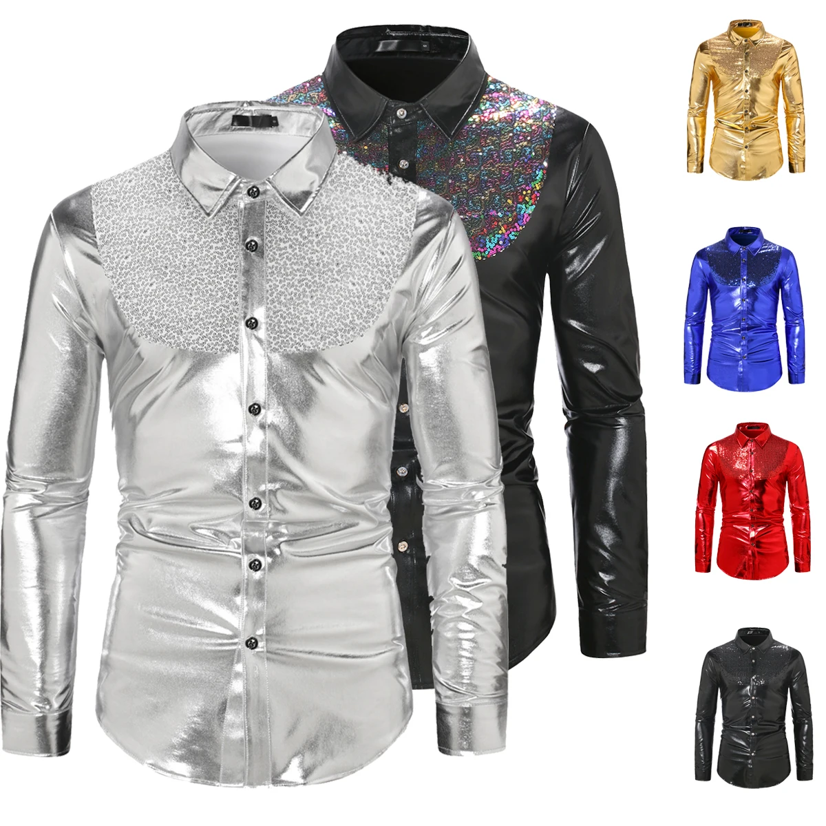 

Men's Sequins Long Sleeve Shirt Wedding Nightclub Disco Dance Shiny T-shirt Fashion Solid Slim Button Top Club Party Costume