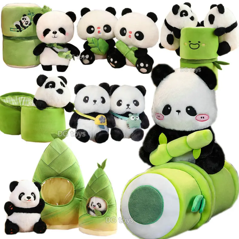 

Fluffy Hair Panda Plush Toy Stuffed Lifelike Bear Plushie in Bamboo Shoot Hug Bamboo Ride on Doll For Kids Birthday Xmas Gift