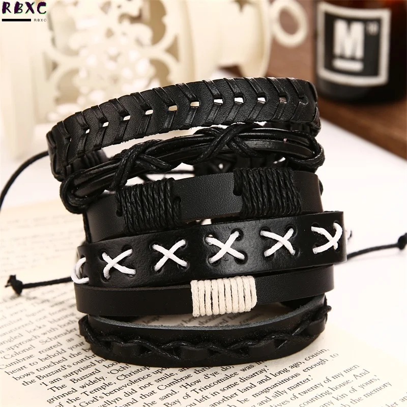 

RBXC Trendy Multilayer Leather Bracelets & Bangles for Men Fashion Punk Black Color Handmade Braided Bracelet Jewelry Boy Gifts