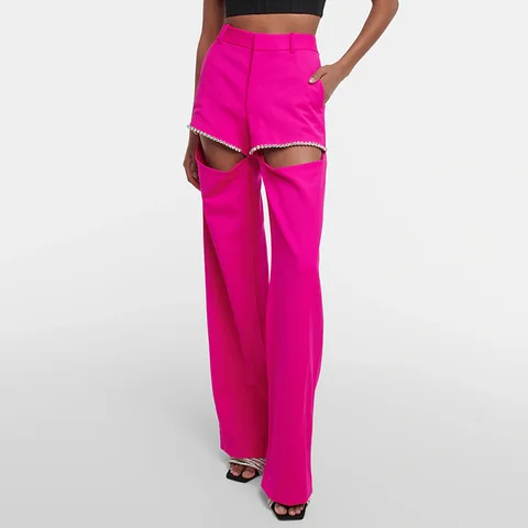 GetSpring женские брюки капри 2023 Осень полые бриллиантовые прямые брюки Модные с высокой талией Свободные повседневные длинные женские брюки