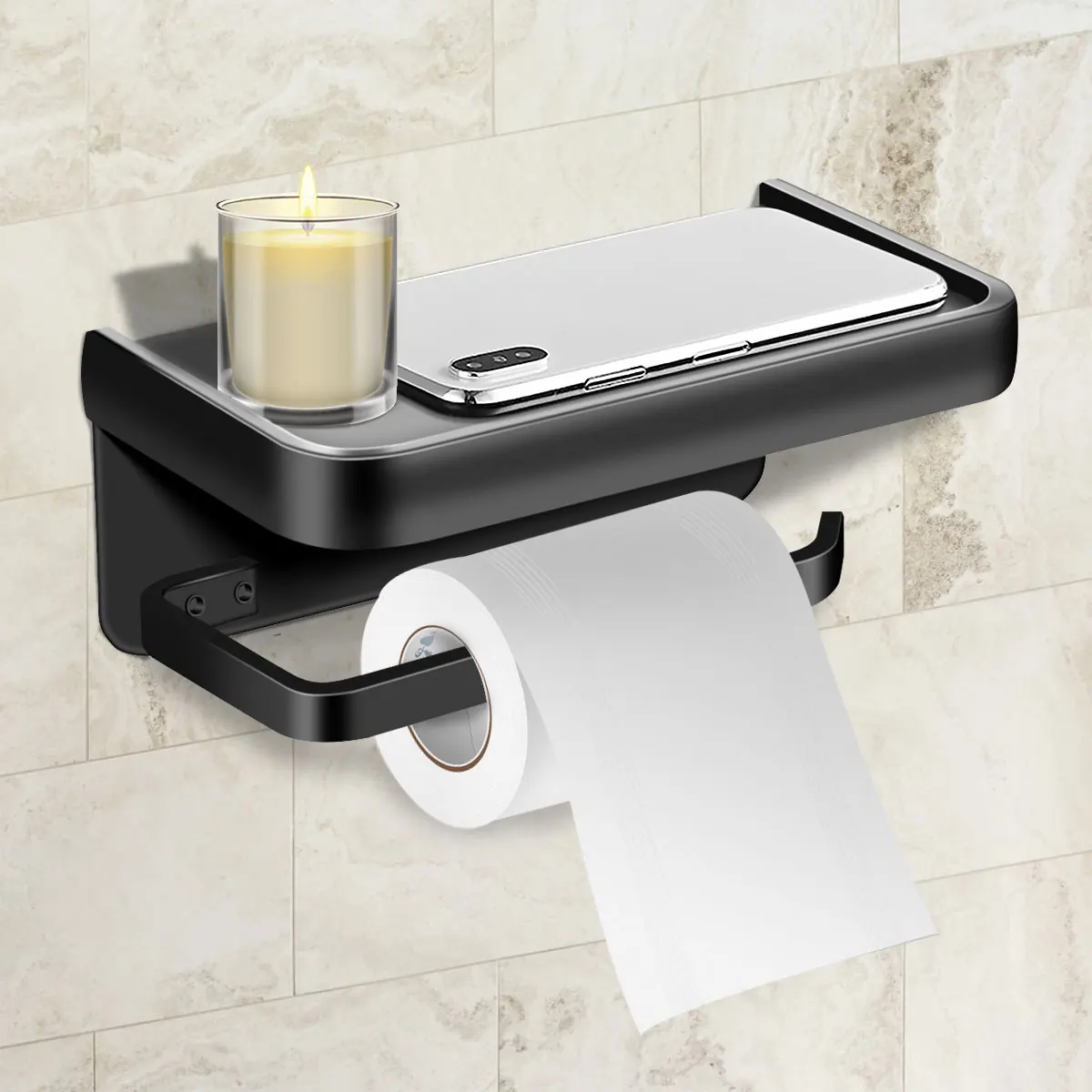 

Aluminum Alloy Bathroom Paper Holder Black Wall Mounted Roll Paper Holders Modern Self Adhesive Roll Tissue Holder with Display