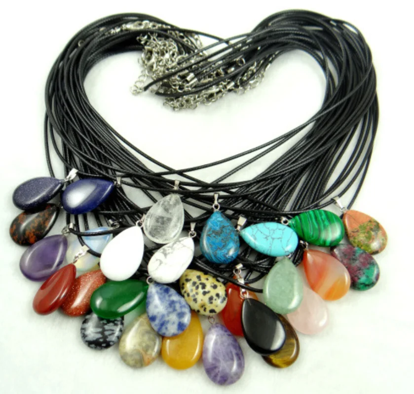 

50pcs Natural Semi-precious Stone Water drop Pendant Tiger Eye Pink Quartz Crystal Reiki Healing Charms Necklace