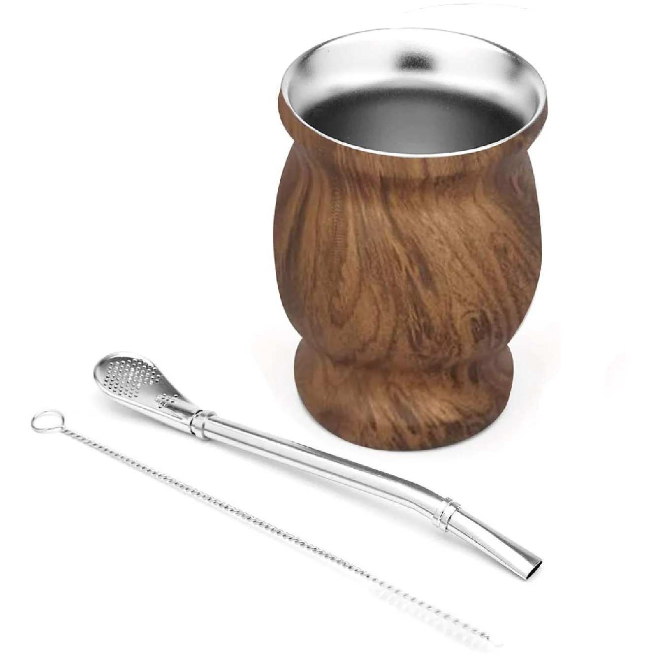 

Yerba Mate Cup Gourd Natural 8oz Original Tea Cup Set 18/8 Stainless Steel with 1 Bombilla Straw & Cleaning Brush