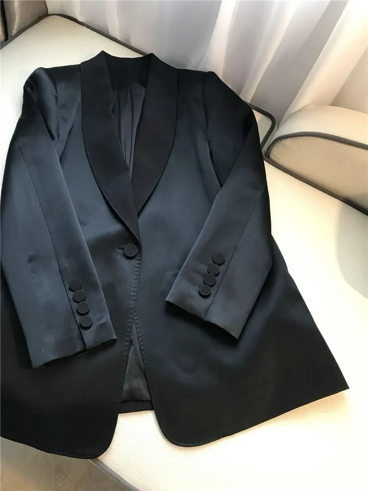 Женский атласный костюм из двух предметов винтажный блейзера и прямых брюк с