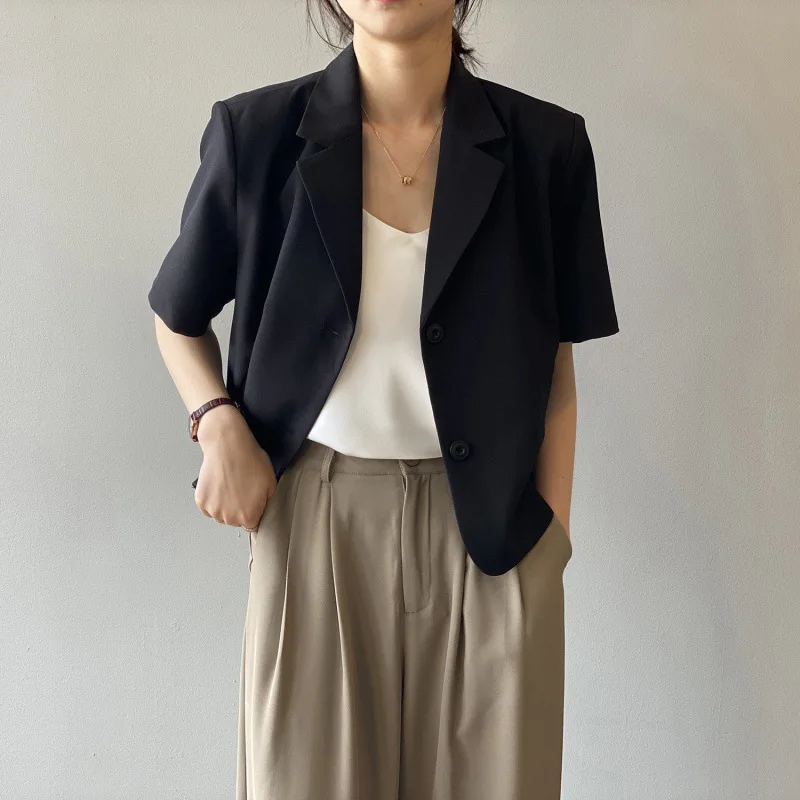 Short Sleeve Blazer Coat Woman Summer 2023 Causal Thin Fashion Korean Blazers Loose Mini Tops New Solid Button Loose Jacket