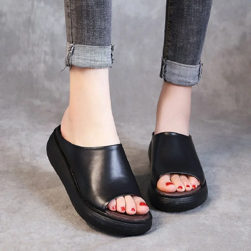 

Women Sandals Wedge Heels Platform Sandalias Mujer Soft Leather 2023 Summer Sandals With Wedges Shoes For Women Outdoor Slippers