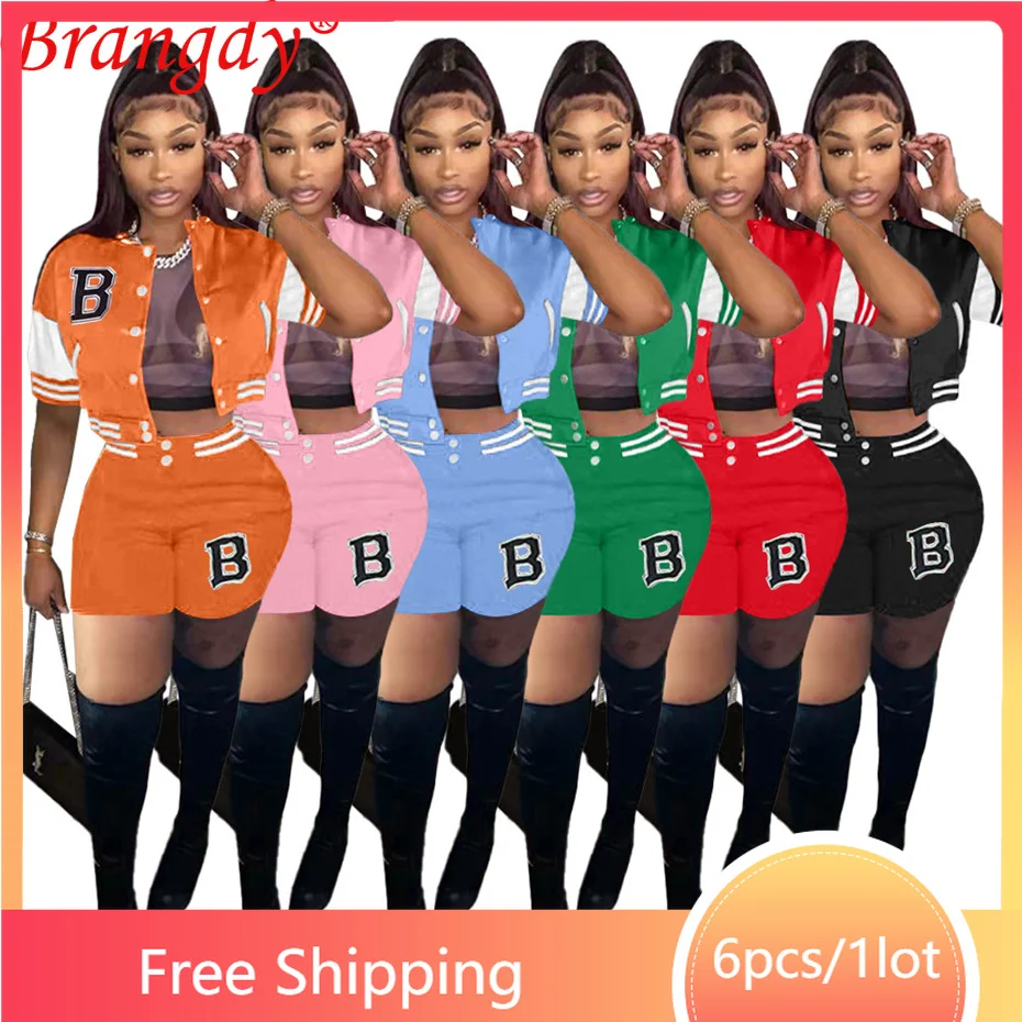 

6sets Wholesale Items for Business Baseball Sportswear Bomber Green Jacket Shorts 2 Piece Set Outfits Women Tracksuit B9213