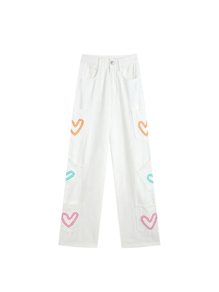 

Женские винтажные джинсы с завышенной талией, белые свободные повседневные джинсы в стиле Харадзюку с принтом сердечек и широкими штанинам...